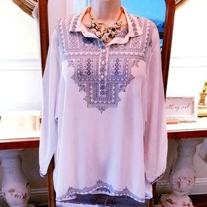 JOHNNY WAS BIYA White & Blue 100% Silk Embroidered Tunic Boho Blouse Top EUC